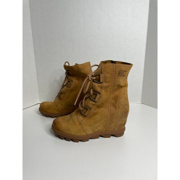 Sorel Joan of Arctic Lace Up Wedge Size US 5.5 Lexie Wedge Elk Brown Leather - Picture 1 of 9